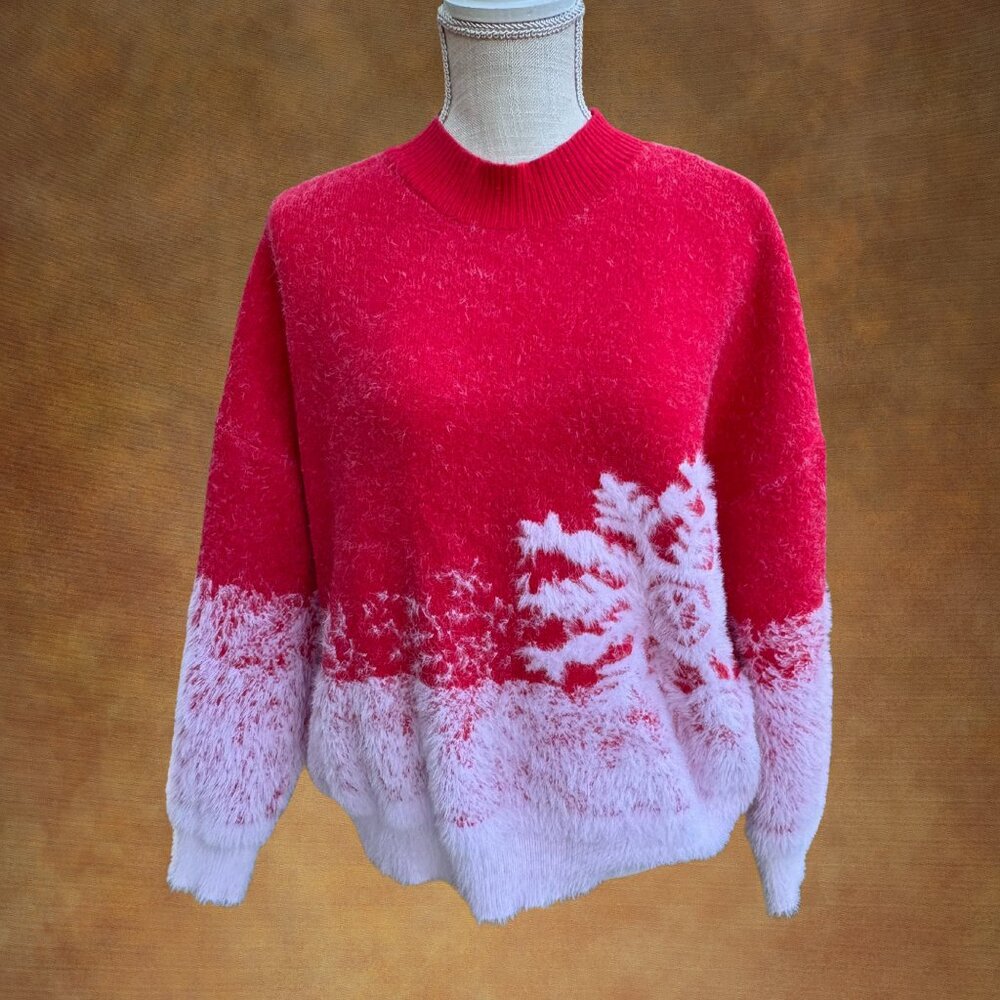 ANDTHEWHY Fuzzy Snowflake Red and White Ombre Thick Winter Sweater M/L